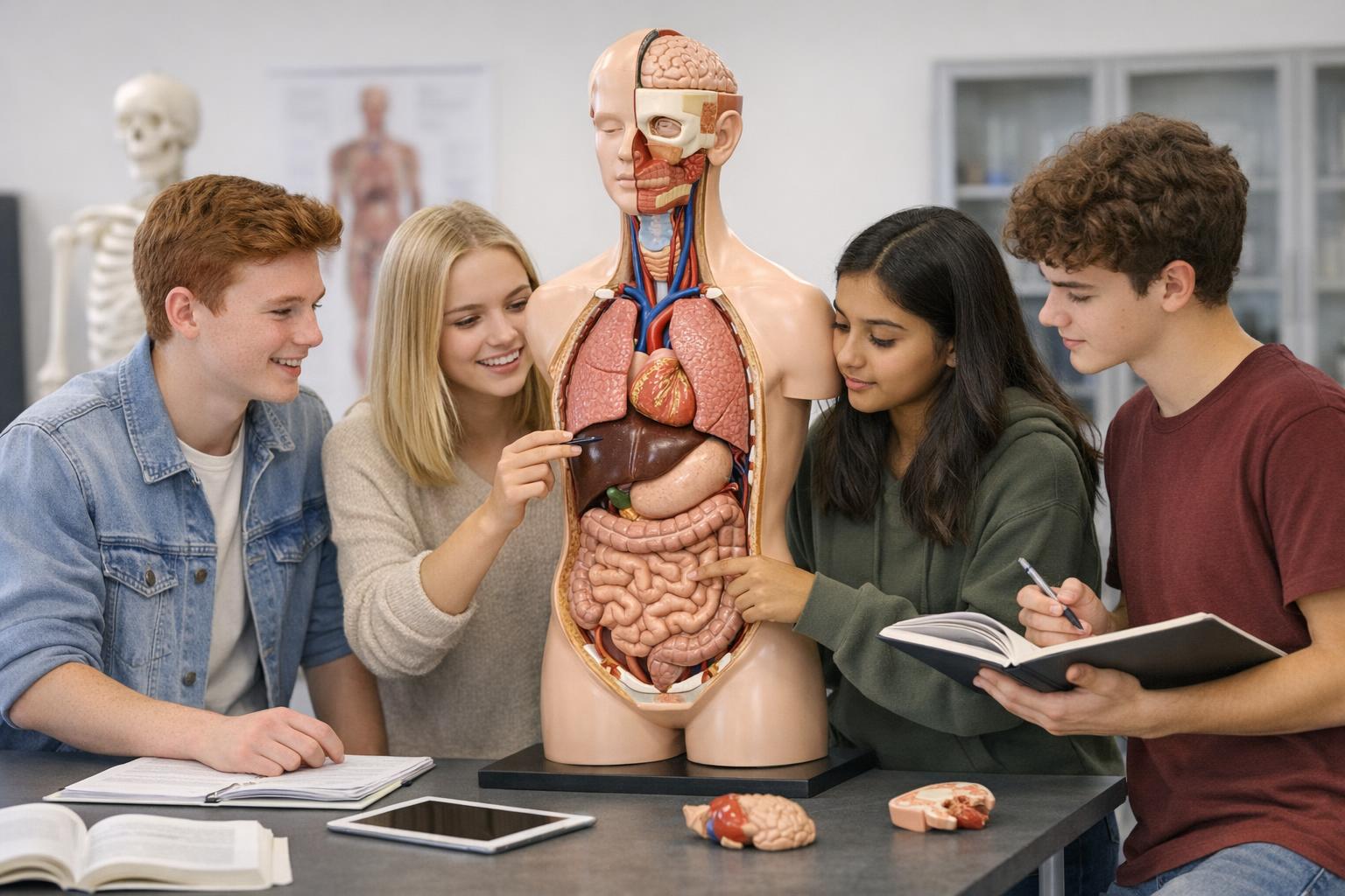 Zdjęcie grupy uczniów pracujących z modelem anatomicznym