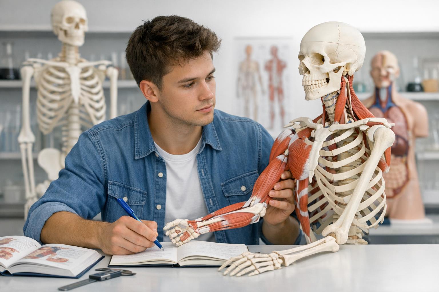 Zdjęcie studenta pracującego z modelem anatomicznym kości i mięśni