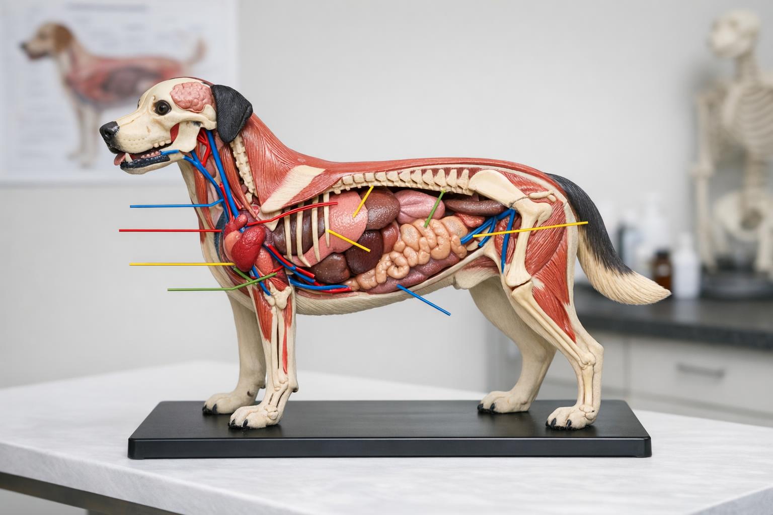 Zdjęcie modelu weterynaryjnego z zaznaczonymi strukturami anatomicznymi psa