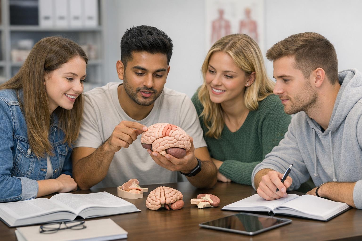 zdjęcie: grupa studentów pracująca z modelem anatomicznym mózgu